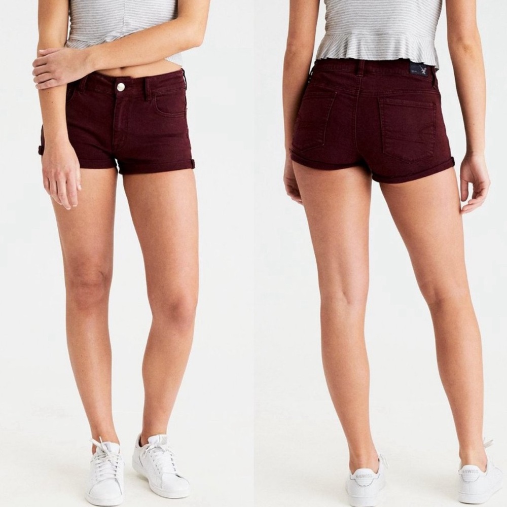 American Eagle High Rise Shortie Shorts Burgundy Super Stretch AEO Denim Size 0